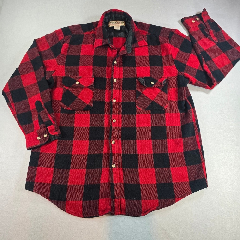 Trails End Mens Red Black Buffalo Plaid Flannel Shirt Vintage Heavyweight Large